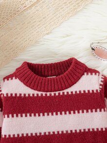 SHEIN 女嬰條紋圓領長袖休閒秋冬毛衣 - 粉色 - 查看 5