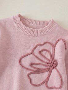SHEIN 女童時尚紫色優雅刺繡針織毛衣套裝，套頭圓領針織毛衣 + 長褲 2 件套，適合秋冬、返校、休閒、外出、派對、購物 - 藕粉色 - 查看 4