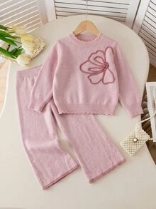 SHEIN 女童時尚紫色優雅刺繡針織毛衣套裝，套頭圓領針織毛衣 + 長褲 2 件套，適合秋冬、返校、休閒、外出、派對、購物 - 藕粉色 - 查看 1