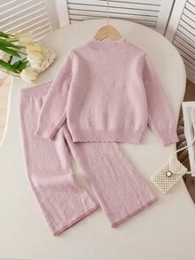 SHEIN 女童時尚紫色優雅刺繡針織毛衣套裝，套頭圓領針織毛衣 + 長褲 2 件套，適合秋冬、返校、休閒、外出、派對、購物 - 藕粉色 - 查看 2