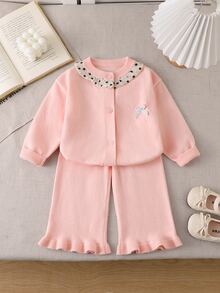 SHEIN Baby Girl Bow Decor Long Sleeve Single-Breasted Knit Cardigan And Knit Pants Set Autumn Winter - Pink - View 1
