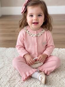 SHEIN Baby Girl Bow Decor Long Sleeve Single-Breasted Knit Cardigan And Knit Pants Set Autumn Winter - Pink - View 8