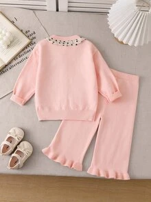 SHEIN Baby Girl Bow Decor Long Sleeve Single-Breasted Knit Cardigan And Knit Pants Set Autumn Winter - Pink - View 2
