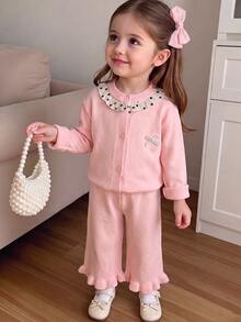 SHEIN Baby Girl Bow Decor Long Sleeve Single-Breasted Knit Cardigan And Knit Pants Set Autumn Winter - Pink - View 3