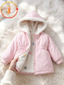 SHEIN Souflis 2件組女嬰秋冬百搭休閒加厚愛心毛絨法蘭絨收腰長版保暖外套 - 粉色 - 查看 2