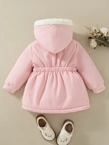 SHEIN Souflis 2件組女嬰秋冬百搭休閒加厚愛心毛絨法蘭絨收腰長版保暖外套 - 粉色 - 查看 5