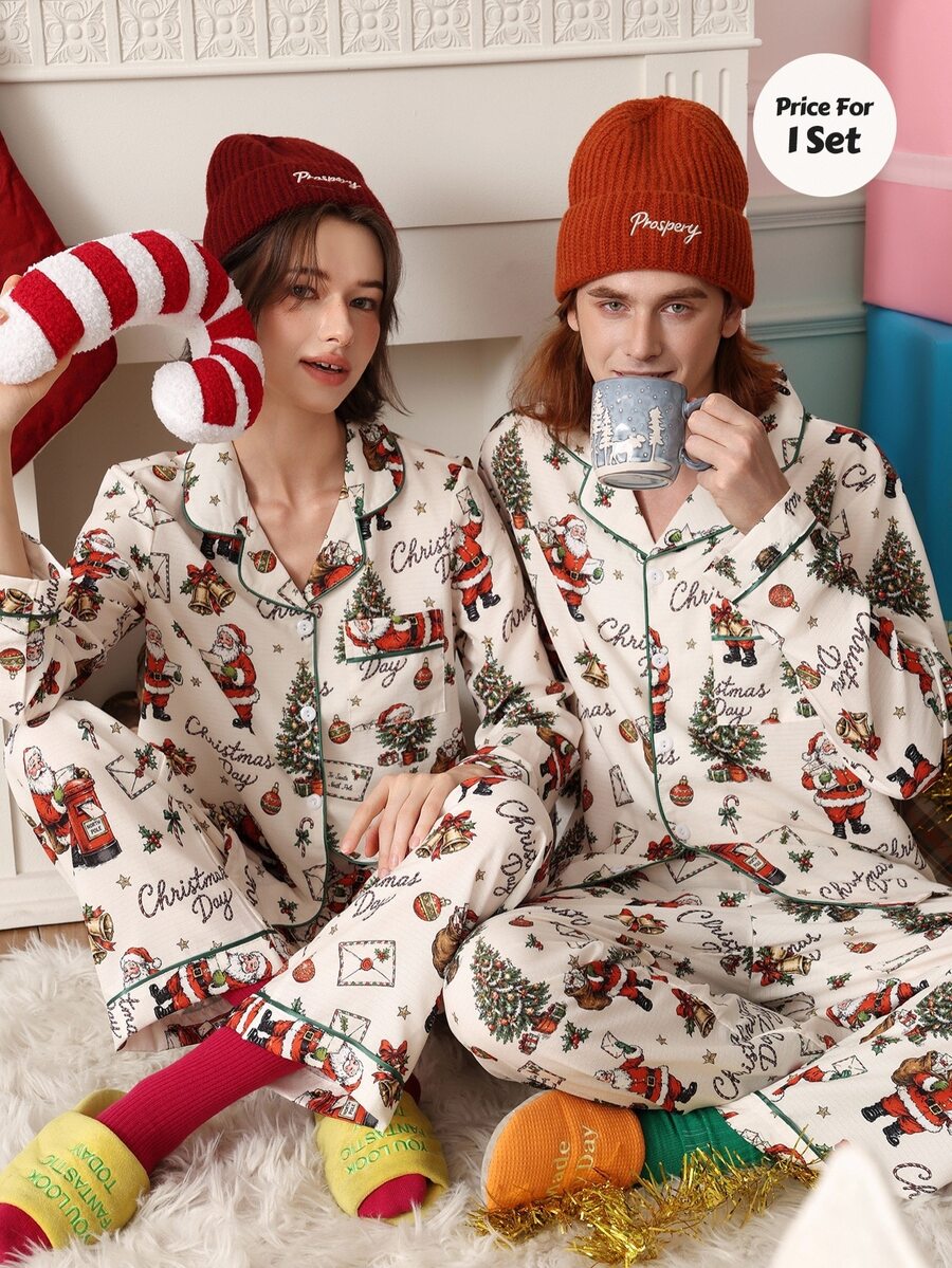 Chillnights Men's Christmas Santa Claus Print Lapel Collar Loungewear Set - Multicolor - View 1