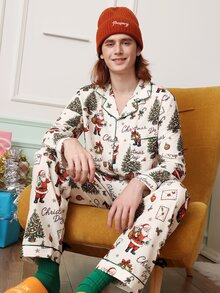 Chillnights Men's Christmas Santa Claus Print Lapel Collar Loungewear Set - Multicolor - View 3