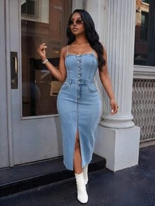 BriallanyX BriallanyX Women's Denim Dress With Spaghetti Straps, Button Front, Hip Package And Slit - Light Wash - View 2