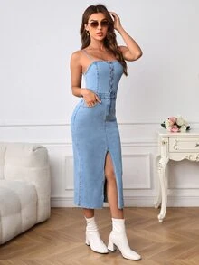 BriallanyX BriallanyX Women's Denim Dress With Spaghetti Straps, Button Front, Hip Package And Slit - Light Wash - View 7