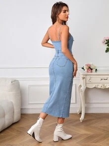 BriallanyX BriallanyX Women's Denim Dress With Spaghetti Straps, Button Front, Hip Package And Slit - Light Wash - View 5