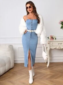 BriallanyX BriallanyX Women's Denim Dress With Spaghetti Straps, Button Front, Hip Package And Slit - Light Wash - View 8