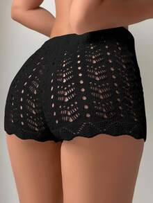 SHEIN Swim Summer Beach Hollow Knitted Cover Up Shorts - Black - View 3