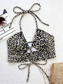 Oceva Top de bikini con estampado de leopardo y lazo halter para mujer, adecuado para vacaciones de verano y playa - Multicolor - Ver 5