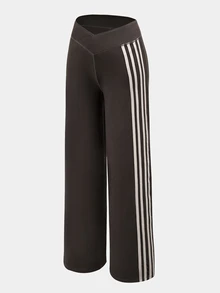 SHEIN Sovereign Charm Celana Panjang Olahraga Wanita dengan Motif Garis-garis, Nyaman untuk Olahraga, Latihan, Jogging, dan Yoga - Coklat - View 6
