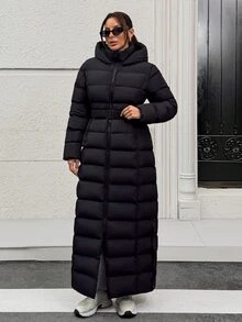 Pariaura Damen wasserabweisender gesteppter Maxi-Mantel mit Kapuze, Gürtel in der Taille und hohem Kragen - Schwarz - Übersicht 3