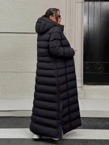 Pariaura Damen wasserabweisender gesteppter Maxi-Mantel mit Kapuze, Gürtel in der Taille und hohem Kragen - Schwarz - Übersicht 11