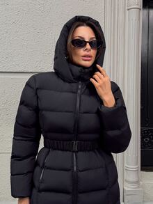Pariaura Damen wasserabweisender gesteppter Maxi-Mantel mit Kapuze, Gürtel in der Taille und hohem Kragen - Schwarz - Übersicht 5