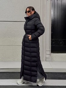Pariaura Damen wasserabweisender gesteppter Maxi-Mantel mit Kapuze, Gürtel in der Taille und hohem Kragen - Schwarz - Übersicht 7