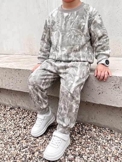 Young Boys Loose Sports Casual Comfortable Long Sleeve Sweatshirt & Pants 2pcs Set Suitable For Autumn/Winter, Classic Handsome Dry Branch & Fallen Leaf Pattern Print, Street Style Graphic Print, Suitable For Y2K