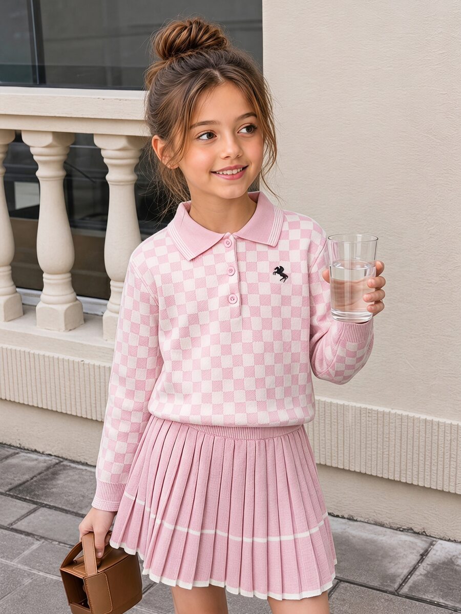 SHEIN Kids Tween Girl Plaid Pattern Drop Shoulder Sweater And Solid Pink Pleated Autumn Winter Skirt 2pcs Set - Pink - View 1
