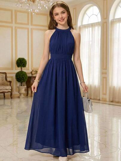 Pitira Teen Girls Navy Blue Elegant Bridesmaids Dress,Sleeveless Chiffon Long Fitted Skirt For Wedding Party Formal,Prom,Formal Events Christmas New Year