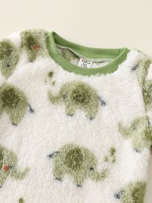 SHEIN 男嬰卡通圖案抓絨內裡加厚圓領長袖套頭上衣與鬆緊腰長褲2件套，秋冬穿著，百搭舒適 - 綠色 - 查看 3