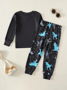 Kids 2pcs Young Boy Snug Fit Pajama Set, Cartoon Pattern, Knitted Soft Crew Neck Long Sleeve Pullover Top And Elastic Waist Long Pants, Snug Fit - Multicolor - View 2