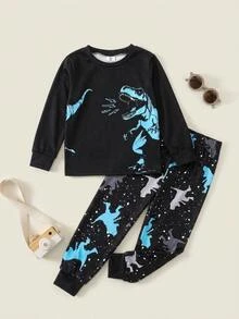 Kids 2pcs Young Boy Snug Fit Pajama Set, Cartoon Pattern, Knitted Soft Crew Neck Long Sleeve Pullover Top And Elastic Waist Long Pants, Snug Fit - Multicolor - View 6