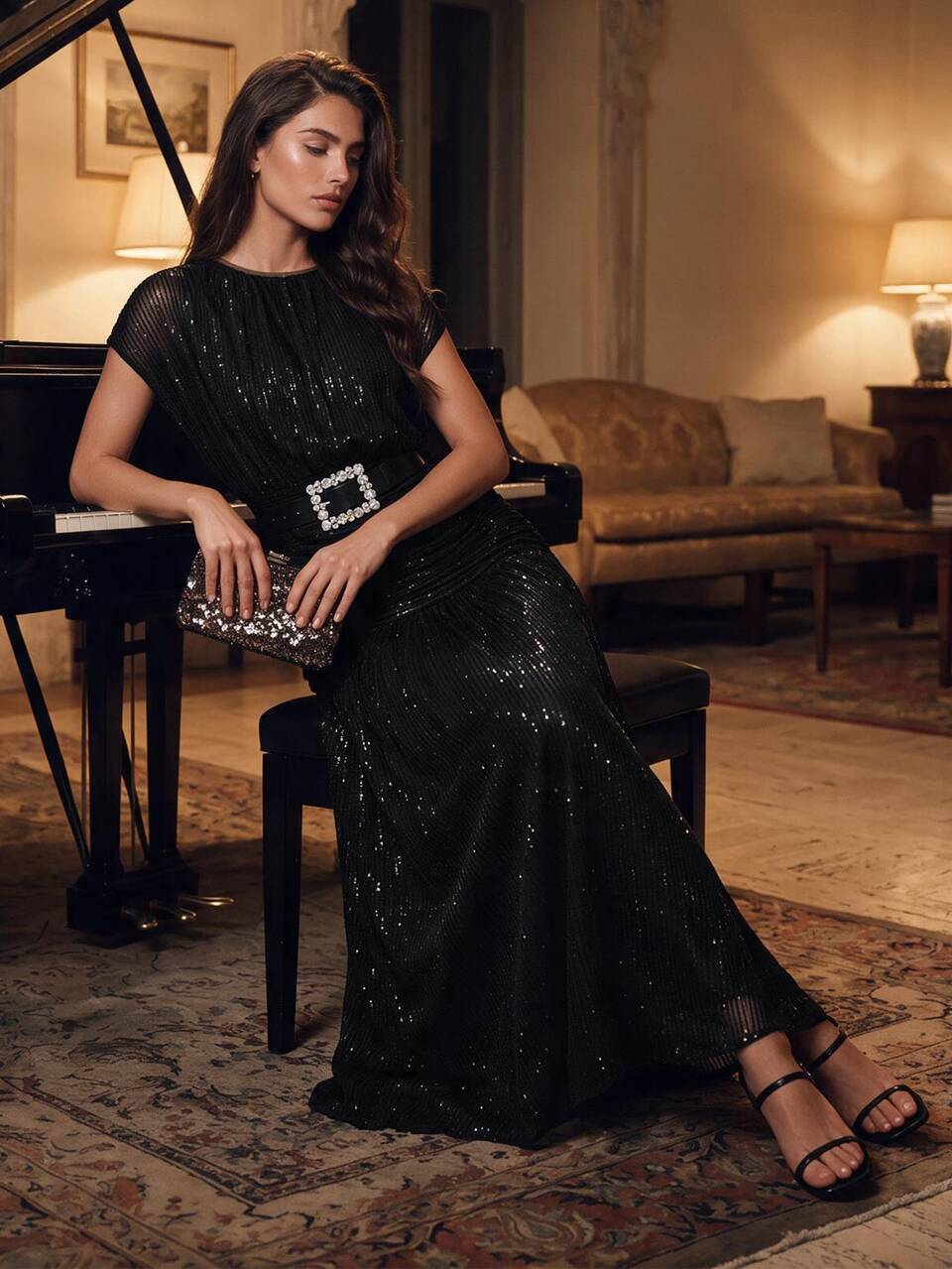 Anewsta Elegant Black Knitted Fabric Ruched Batwing Sleeve Party A Line Long Dress With Round Neck