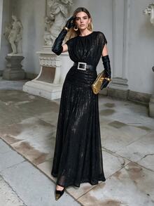 Anewsta Anewst New Solid Color Shiny Sequin Fabric Round Neck Gathered Design Bodycon Fishtail Dress Party Gathering Elegant Women Dress - Black - View 4