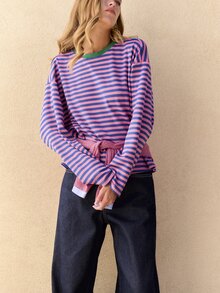 Nöista Striped Graphic Long Sleeve Tee With Contrast Collar. Fall, Casual, Street Style, Everyday Looks. - Blue - View 2