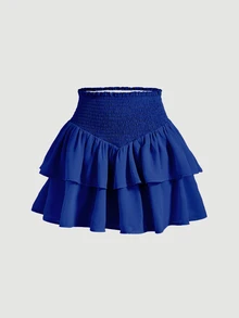 SHEIN MOD Royal Blue Ruffle V-Shaped Waist Paperbag Waist Two Layer Hem Skirt - Royal Blue - View 5