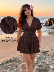 SHEIN MOD Plus Size Women's V-Neck Lace Trim Batwing Sleeve Jumpsuit, Apricot, Casual Wear - Chocolate Brown - View 6
