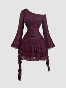 SHEIN MOD Plus Size Women Solid Color One Shoulder Ruffle Sexy Date Dress Fall - Purple - View 5