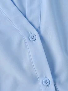 SHEIN MOD 女款大尺碼優雅長袖襯衫，收腰腰帶泡泡袖上衣，秋季款 - 藍色 - 查看 8