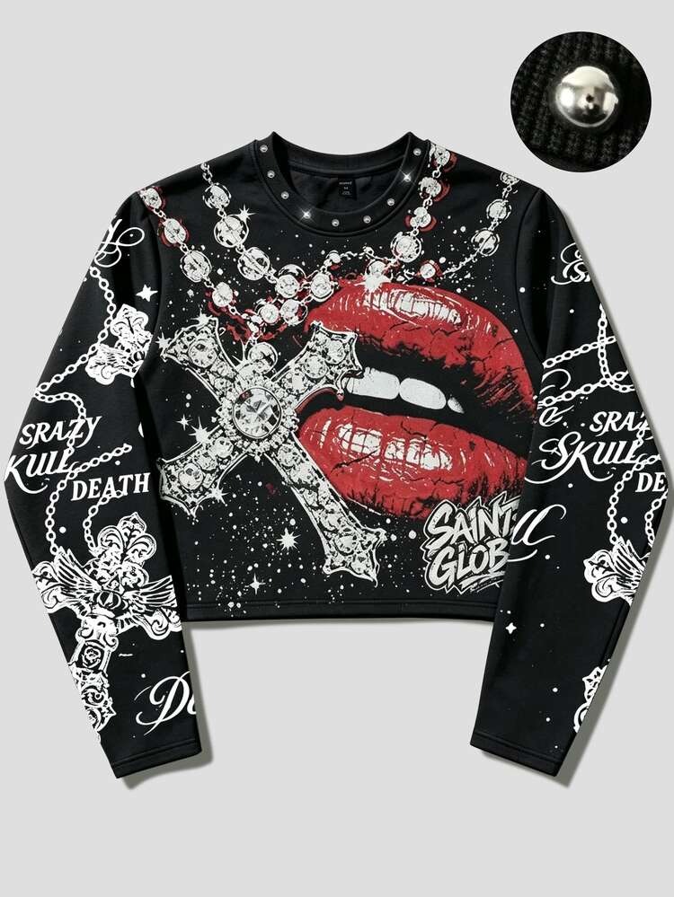 ROMWE MEN 2026 Spring/Autumn/Winter New Fashion Casual Graphic Design Men's T-Shirt, Unisex Couple Matching Women's Vintage American Print Streetwear Long Sleeve Crew Neck Pullover Thin T-Shirt - Black - View 3