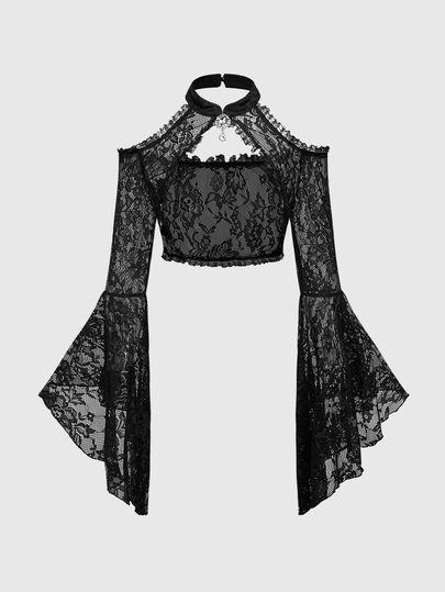 Goth Top corto de mangas acampanadas y hombros descubiertos con encaje, estilo gótico y palaciego