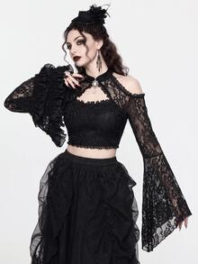 ROMWE Goth 性感哥特宫廷蕾丝露肩喇叭袖短款上衣 - 黑色 - 查看 3