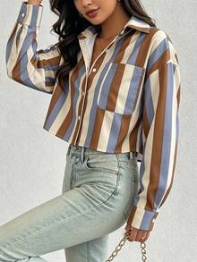 SHEIN Franclia 女款條紋鈕扣前襟長袖襯衫附口袋 - 彩色 - 查看 7