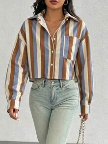 SHEIN Franclia 女款條紋鈕扣前襟長袖襯衫附口袋 - 彩色 - 查看 9