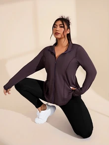 Rhythm Era Plus Size Zipper Front Sports Jacket Fall - Coffee Brown - View 7
