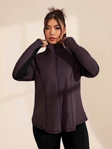 Rhythm Era Plus Size Zipper Front Sports Jacket Fall - Coffee Brown - View 4
