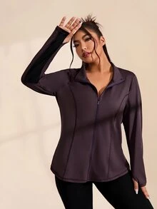 Rhythm Era Plus Size Zipper Front Sports Jacket Fall - Coffee Brown - View 6
