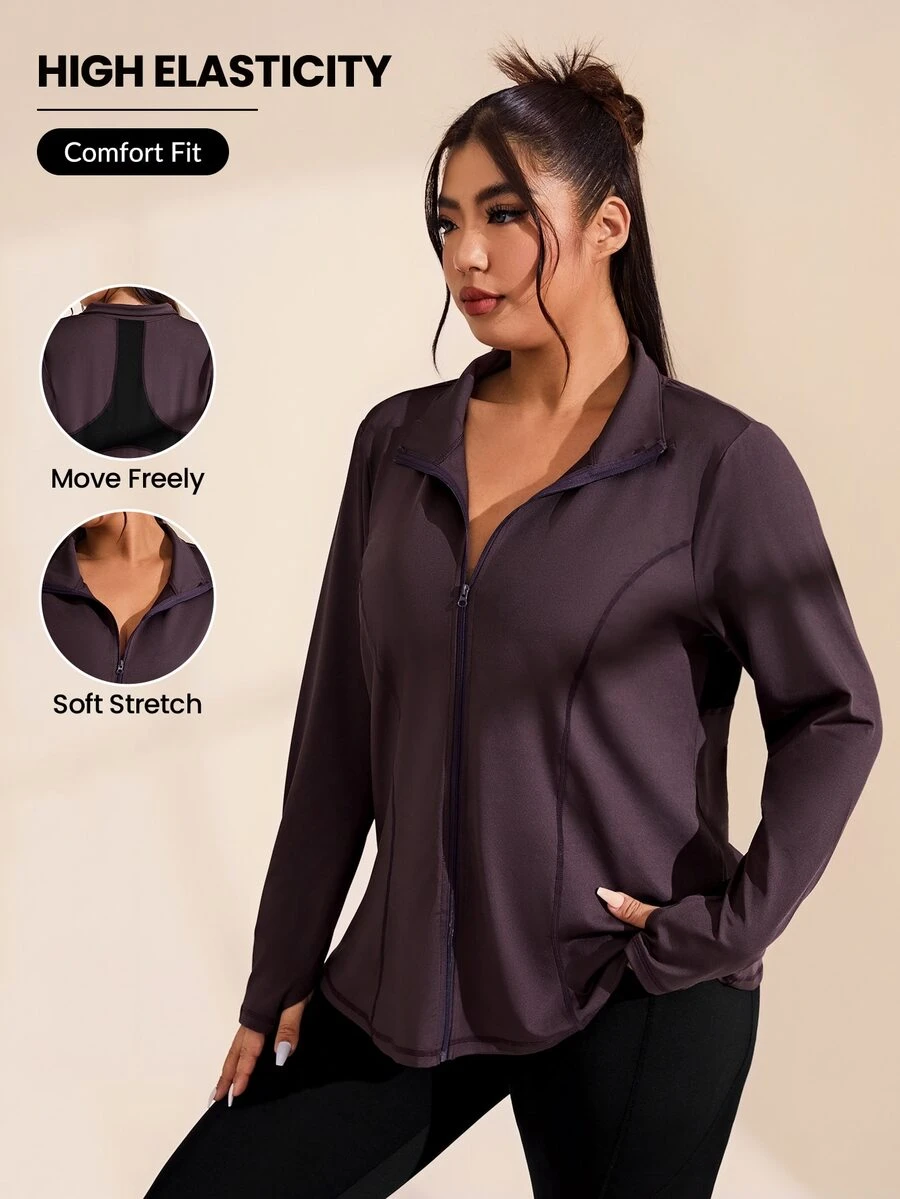 Rhythm Era Plus Size Zipper Front Sports Jacket Fall - Coffee Brown - View 1