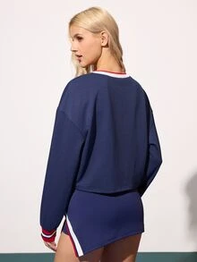 CourtClass CourtClass 女士宽松运动衫，拼色罗纹V领长袖落肩，休闲运动网球日常穿着，秋冬运动套装网球裙长袖运动裙套装女士网球裙套装 - 藏蓝色 - 查看 3