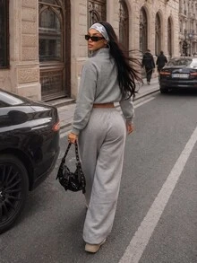 BamGleam Women's Autumn/Winter Solid Gray Casual Sports Metal Zipper Decor Stand Collar Elastic Drawstring Long Sleeve Sweatshirt - Grey - View 2