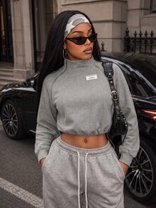 BamGleam Women's Autumn/Winter Solid Gray Casual Sports Metal Zipper Decor Stand Collar Elastic Drawstring Long Sleeve Sweatshirt - Grey - View 3