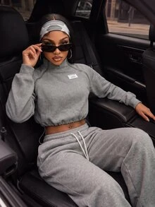 BamGleam Women's Autumn/Winter Solid Gray Casual Sports Metal Zipper Decor Stand Collar Elastic Drawstring Long Sleeve Sweatshirt - Grey - View 4