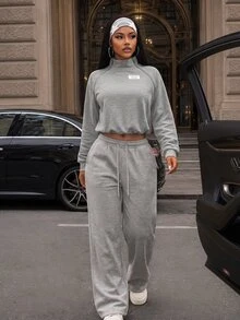 BamGleam Women's Autumn/Winter Solid Gray Casual Sports Metal Zipper Decor Stand Collar Elastic Drawstring Long Sleeve Sweatshirt - Grey - View 6